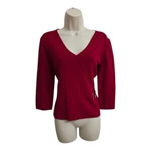 Cable & Gauge M Red 3/4 Sleeve Stretch Knit Wrap Top W Silver Ring